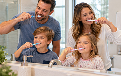 Family Brushing teeth together